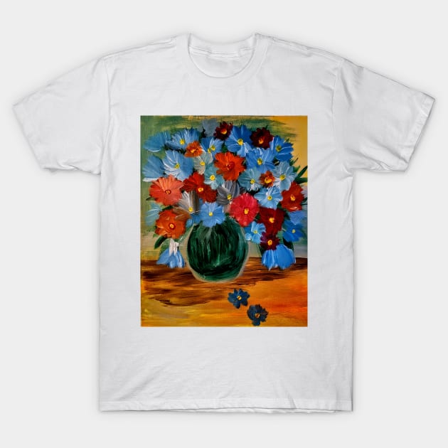 Some abstract carnations in blue and orange flowers T-Shirt by kkartwork